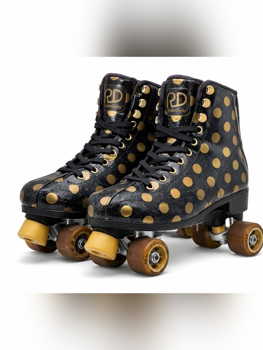Roller Derby Youth Roller Skates Size 3-6 Black Gold Polka Dot Quad Skates.
